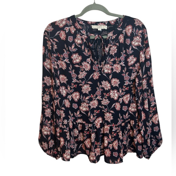 Loft Floral Peplum Tie Neck Blouse - Picture 1 of 5